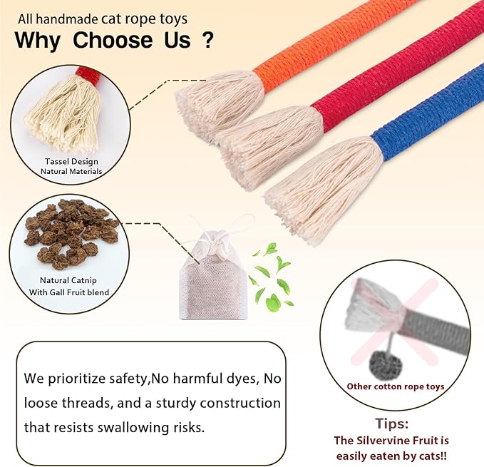 Retro Shaw Cat Chew Toys Ropes 3Pcs with Natural Catnip & Silvervine, Cat Nip String Toy, Interactive Kicker Safe Teeth Cleaning Kitten Toys for Indoor Cats Kitty, 23.6 Inches