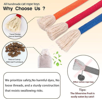 Retro Shaw Cat Chew Toys Ropes 3Pcs with Natural Catnip & Silvervine, Cat Nip String Toy, Interactive Kicker Safe Teeth Cleaning Kitten Toys for Indoor Cats Kitty, 23.6 Inches