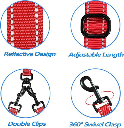 PetBonus Double Dog Leash, No Tangle Dual Leash, Reflective Walking Training Lead, 4 Comfortable Padded Handles for 2 Dogs with Collapsible Bowl and Waste Bags (Red, Large)