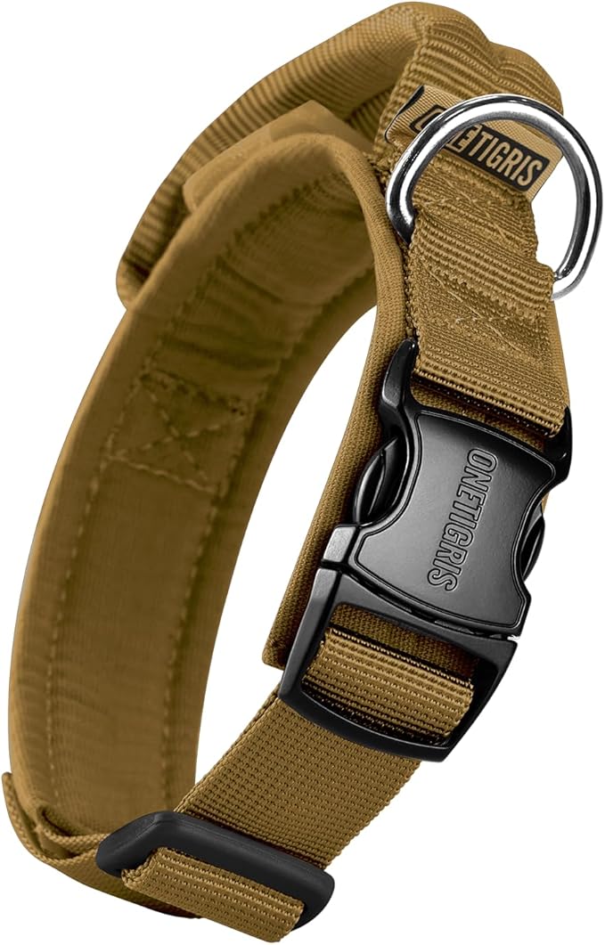 OneTigris Tough Dog Collars, Tactical Dog Collar with Handle, Milltary Adjustable Dog Collar with Heavy Duty Metal Buckle for Training (Brown, S)