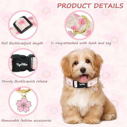 Dog Collar with Pink Cherry Blossom Patterns, Spring Summer Collection Dog Collar with Exquisite Pendant, Durable Adjustable Collars for Gifts & Daily Use-M