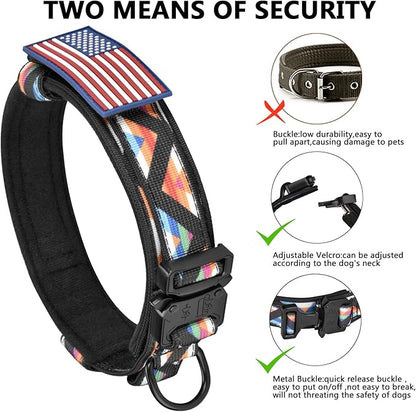 DAGANXI Tactical Dog Collar, Adjustable Military Training Nylon Dog Collar with Control Handle and Heavy Metal Buckle for Medium and Large Dogs, with Patches and Airtags Case (L, Colorful Triangle)
