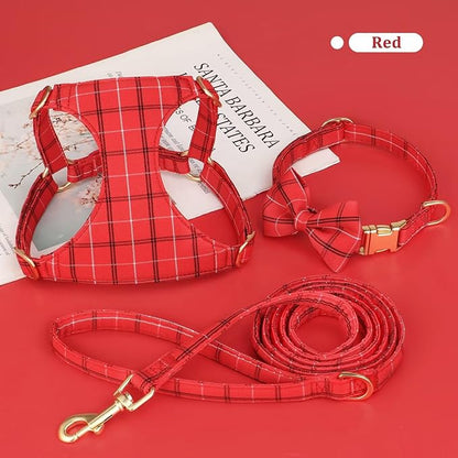 Beirui Cute Extra Small Dog Harness Collar and Leash Set with Bowtie, Soft Adjustable Plaid Puppy Harness for Small Sized Dogs Cats Walks Parties and Photoshoots(Red,XXS:Chest 12-14")