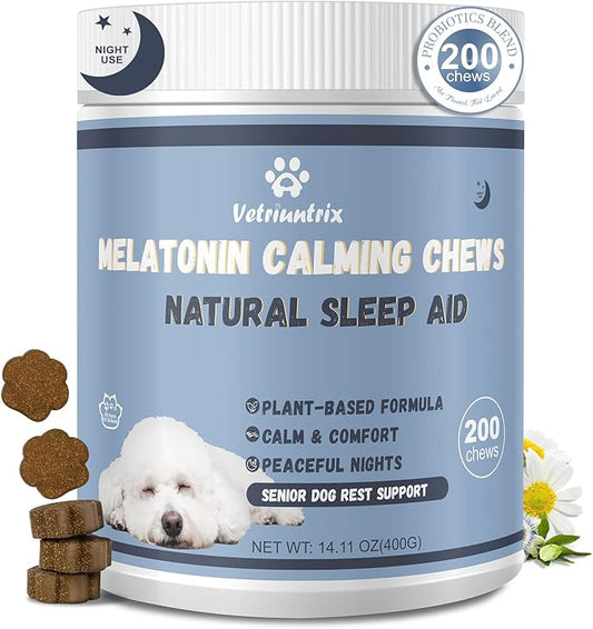 Vetriuntrix Melatonin for Dogs, Calming Chews for Dogs for Sleep, Fireworks, Storms, Thunder, Barking, Separation, Dog Calming Chews with Valerian Root & L-Theanine, 200 Count