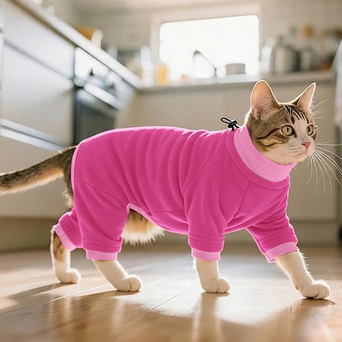 PUMYPOREITY Cat Recovery Suit, Stops Wound Licking After Surgery, Sticky Hair Shirt with Sticky Fabric, Cat Pajamas Prevents Over-Grooming, Pink, XS