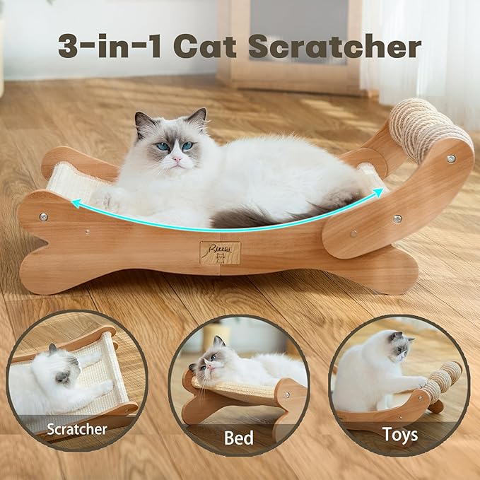 RizzQi Sisal Cat Scratcher Bed with 3 Toy Balls for Indoor Cats, Durable Wooden 3-in-1 Hammock Lounge & Scratch Pad - Modern Furniture for Large Cats, Scratching Post Lounger