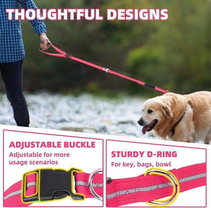 PUPTECK Heavy Duty Bungee Leash for Medium Large Dogs, No Pull Tactical Dog Leash with Double Handles for Training, Reflective with Car Seatbelt and Quick Release Buckle, Pink