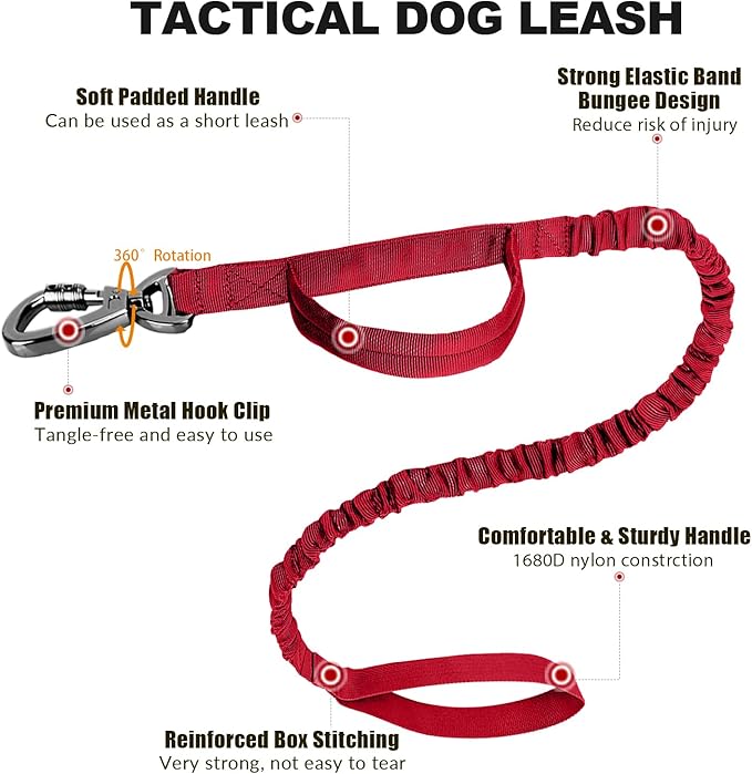 Tactical Dog Collar and Bungee Leash,Military Dog Collar & Leash Set with USA American Flag Adjustable K9 Collar with Heavy Duty Metal Buckle & Handle,with Patches and Airtags Case (XL, Red)