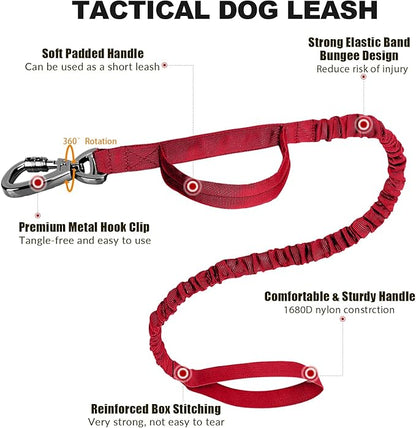 Tactical Dog Collar and Bungee Leash,Military Dog Collar & Leash Set with USA American Flag Adjustable K9 Collar with Heavy Duty Metal Buckle & Handle,with Patches and Airtags Case (XL, Red)