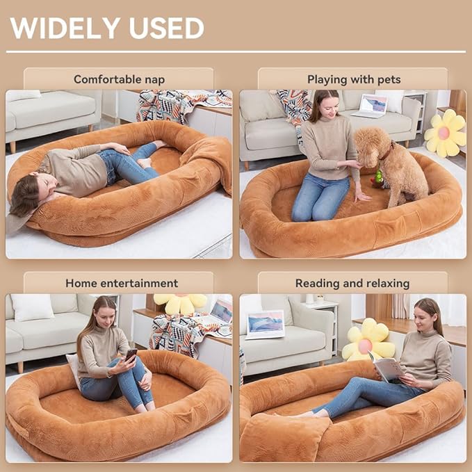 Human Dog Bed 63”x36.6”x11” Large Dog Bed with Raised Cushioned Rim, Removable Cover, Waterproof Lining and Bonus Blanket; Washable-Luxury Fluffy Nap Bed (63"x36.6"x11", Brown)