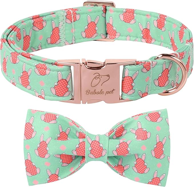 Dog Collar with Easter Bunny Egg Pattern Bow Tie - Adjustable Heavy Duty Spring Bowtie Collar for Small Medium Large Dogs S