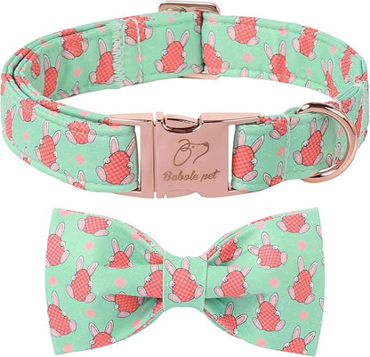 Dog Collar with Easter Bunny Egg Pattern Bow Tie - Adjustable Heavy Duty Spring Bowtie Collar for Small Medium Large Dogs S