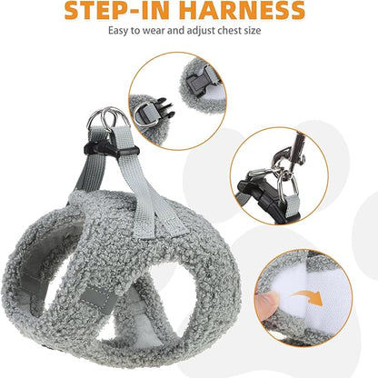 KOOLTAIL Plush Small Dog Harness and Leash Set, Warm Fleece No Pull Puppy Vest for Winter, Lightweight Reflective Step in Pet Harness for Medium Sized Dogs Boy Girl Outdoor Walking Cute Soft, Gray M