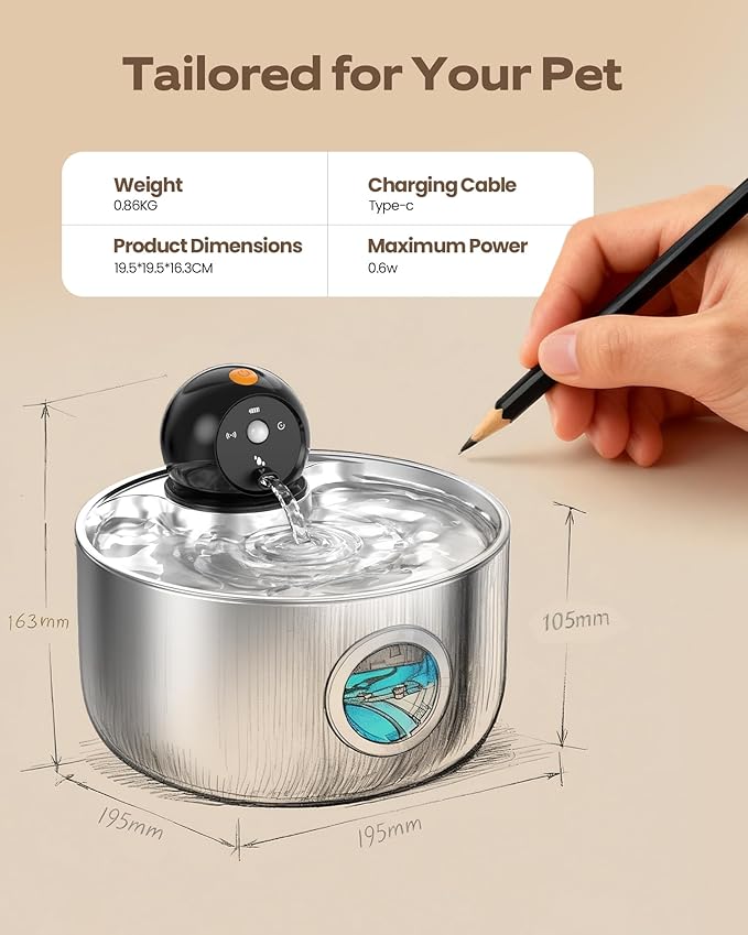 Cordless Cat Water Fountain Wireless: Battery Powered Pet Water Fountains for Cats Indoor - 2.6L Rechargeable Kitty Water Dispenser Automatic Waterer with Water Level Window - 8 Filters & 8 Sponges