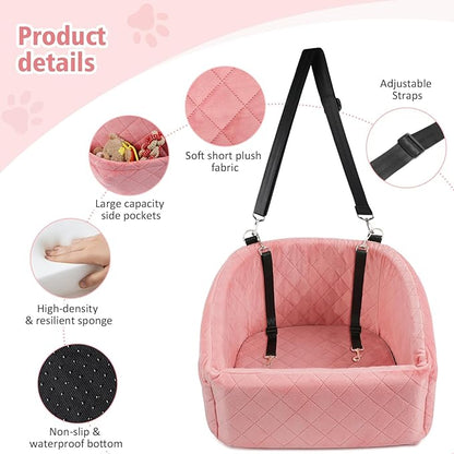 NEEZUKAR Dog Car Seat for Small Medium Dogs,Detachable Washable Dog Booster Seat Under 30lbs, Pet Car Seats Travel Bed with Storage Pockets and Safety Belt(Pink)