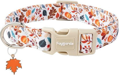 Faygarsle Fall Dog Collar, Autumn Floral Pattern with Maple Leaf Charm, White with Pumpkins and Leaves for Small Medium Large Dogs M