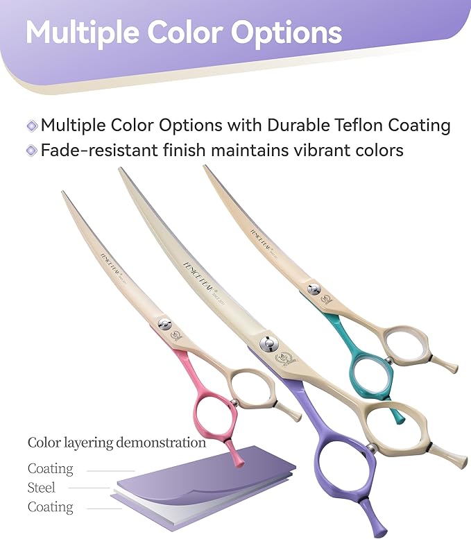 Fenice Peak Curved Dog Grooming Scissors with Coating 440C Stainless Steel, 7 inch Professional Curved Shears Dog Grooming，25 Degree of Curved Blade，Pet Shear for Trimming Face and Paw, Violet & White