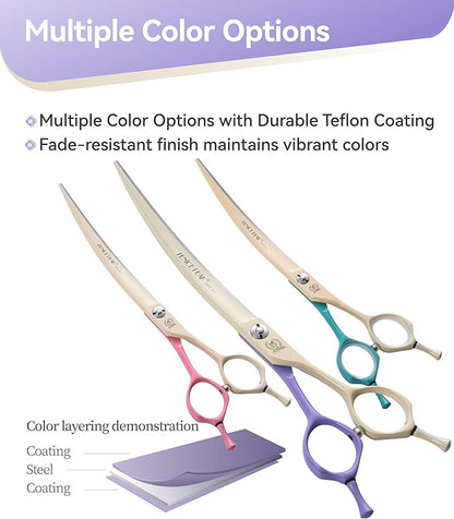 Fenice Peak Curved Dog Grooming Scissors with Coating 440C Stainless Steel, 7 inch Professional Curved Shears Dog Grooming，25 Degree of Curved Blade，Pet Shear for Trimming Face and Paw, Violet & White