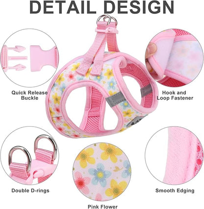 EXPAWLORER Small Dog Harness and Leash Set - Cute Puppy Harness Leash Dog Collar with AirTag Holder Silicone Case, Soft Padded Step in Pet Vest Reflective for Outdoor Walking, Floral M