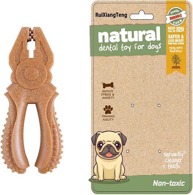 Dog Chew Toys, Aggressive chewer toy for Medium& Large dogs, Made of real pine wood and durable Food-Grade nylon, with Tool Shape Design for Dental Cleaning and Long-Lasting Chewing (brown-Pliers)