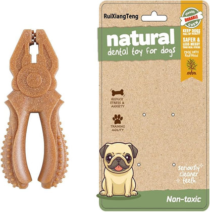 Dog Chew Toys, Aggressive chewer toy for Medium& Large dogs, Made of real pine wood and durable Food-Grade nylon, with Tool Shape Design for Dental Cleaning and Long-Lasting Chewing (brown-Pliers)