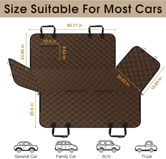 NECKORY Waterproof Dog Car Seat Cover for Back Seat - Durable, Scratch Proof Pet Hammock with Nonslip Design & Storage Pockets, Fits Cars, SUVs, Trucks - L, Coffee/Black