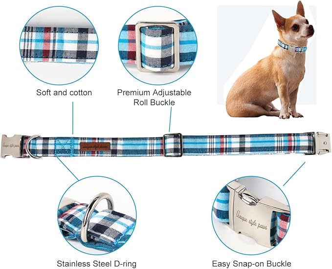 Unique style paws Dog Collar Metal Buckle Blue Plaid Collar Gift Durable Cute Collar for Small Medium Large Boys Girls Dogs