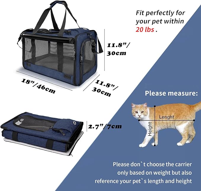 GAPZER Medium Cat Carrier Large Cat 15 lbs+ Soft Pet Carrier Small Puppy/Ventilated 2 Kittens Car Travel Bag Case/Comfy Big Maine Coons 25 Pounds/Soft-Sided Mesh Kitty Products Dark Blue