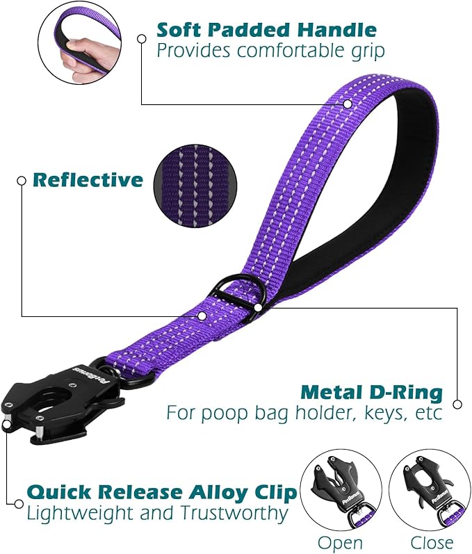PetBonus Heavy Duty Short Dog Leash, 12 Inch Nylon Traffic Leash with Quick Release Clip, Comfortable Padded Handle, Reflective Training Lead for Medium Large Dogs (Purple, 12")