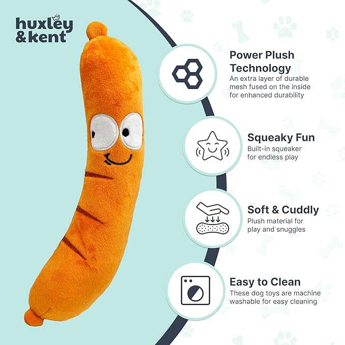 Huxley & Kent Funny Dog Toy w/Squeaker – Power Plush Squeaky Dog Toys for Small, Medium & Large Dogs – Soft Stuffed Animal for Indoor Play & Fetch - Fetchies® Sammy Sausage, Small
