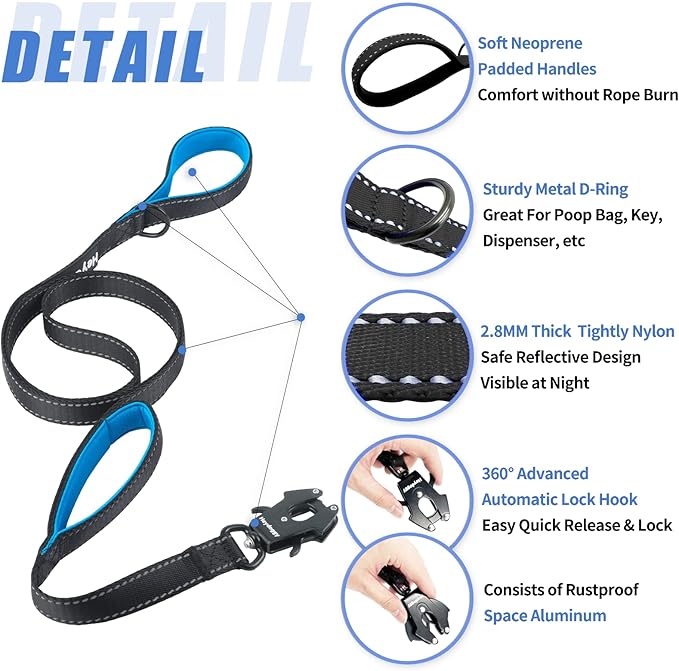 Strong Heavy Duty Dog Leash - 4ft Reflective Nylon Training Leash with Soft Padded Double Handle & Auto Lock Frog Clip - Safety Traffic Control for Large Medium Small Dogs No Pull Walk Black Blue,4ft