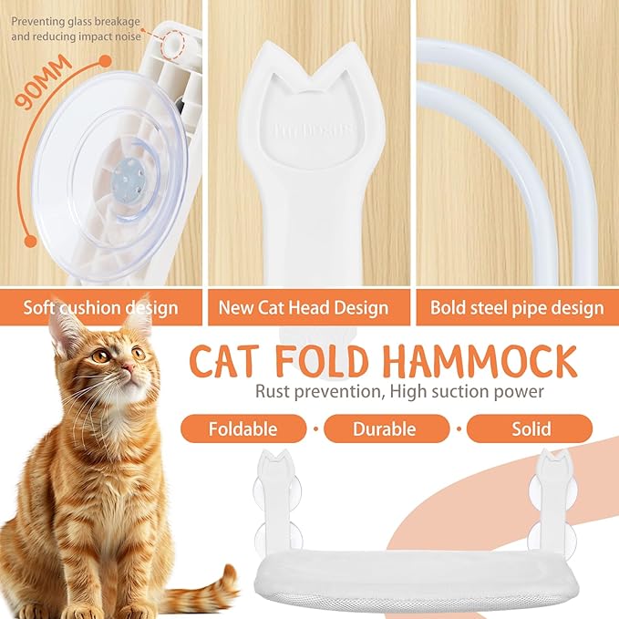 2 Pack Cat Window Perch,Cat Window Hammock Cordless Foldable Window Bed with 4 Large Strong Suction Cup,Reversible Cushion Cover,Metal Frame Easy to Adjust Window Seat Holds up to 40lbs(White，M