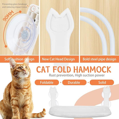 2 Pack Cat Window Perch,Cat Window Hammock Cordless Foldable Window Bed with 4 Large Strong Suction Cup,Reversible Cushion Cover,Metal Frame Easy to Adjust Window Seat Holds up to 40lbs(White，M
