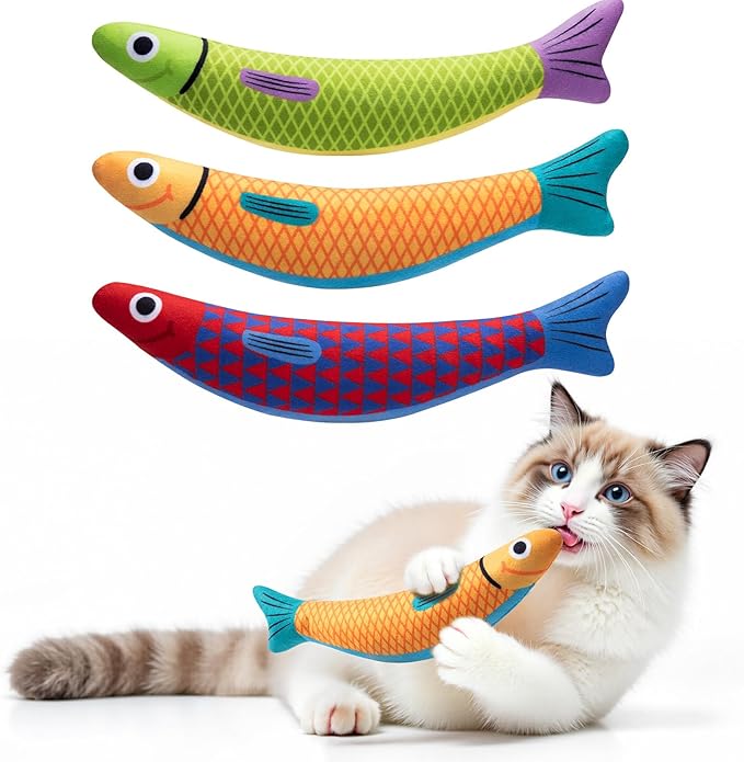 PetBusy Cat Toys with[5000mg A+Natural Catnip &Silvervine] [Baby Grade] Interactive Soft Chew Kicker Cat Toys for Indoor Cats & Kittens, [Crinkle &Bell] Fish Sound Toy, Drives Bored Cat Crazy with Fun