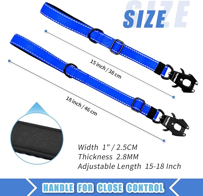 Strong Heavy Duty Dog Leash - Adjustable 15"-18" Reflective Nylon Training Leash with Padded Handle & Frog Clip, Traffic Control for Large Medium Dogs No Pull Walking Dark Blue