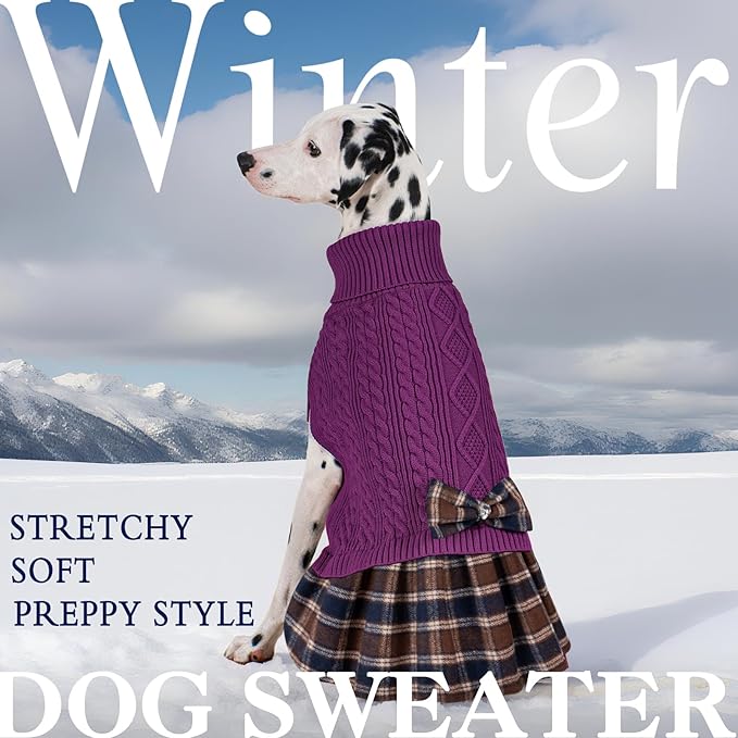 KYEESE Dog Sweater Soft Turtleneck Pet Sweater Dress with Bowtie Warm Comfy Pet Coats Pullover Dog Sweaters for Large Dogs Thick Dogs Clothes, Purple, XXX-Large