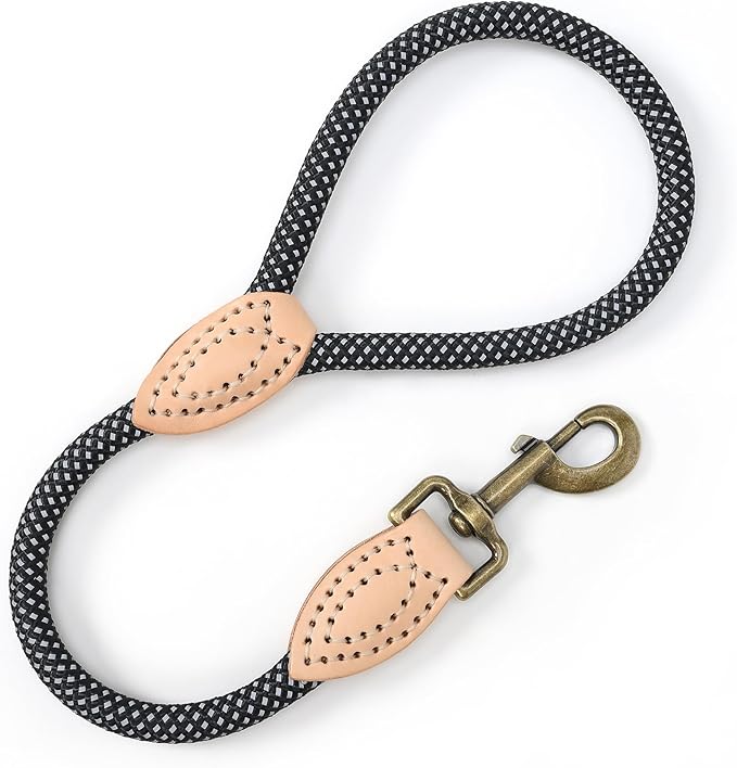 Mile High Life Short Dog Leash, Short Leash for Large Dogs, Reflective Dog Lead with w Leather Tip, Heavy Duty Leash for Large and Medium Dogs Training and Walking(Black, 18 Inch)