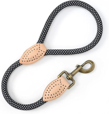 Mile High Life Short Dog Leash, Short Leash for Large Dogs, Reflective Dog Lead with w Leather Tip, Heavy Duty Leash for Large and Medium Dogs Training and Walking(Black, 18 Inch)