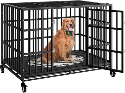 HMHTCT 48 Inch Heavy Duty Dog Crate with Wheels,Indestructible Escape-Proof Dog Kennel with Locking Latch and Double Door,Extra Large XL XXL Crate Indoor for Large and Medium Dog with Removable Tray