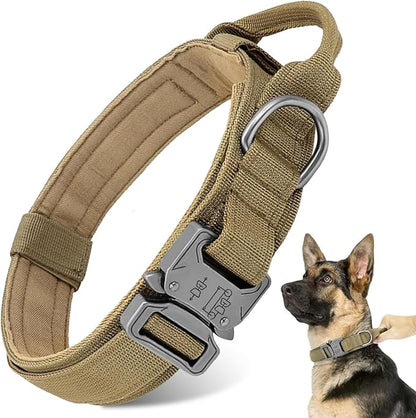 Tactical Dog Collar - Military Dog Collar, Adjustable Heavy Duty Metal Buckle Nylon Collar with Control Handle for Small Medium Large Dogs, (Brown, L)