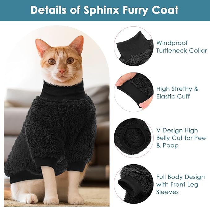 SUNFURA Sphynx Cat Sweater, Hairless Cats Turtleneck Pullover Kitten Sweaters for Cats Only, Warm and Soft Cat Pajamas Shirt with Sleeves Pet Winter Clothes Fleece Jumpsuit for Puppy, Black M