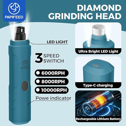 PAPIFFEED Dog Nail Clippers & Dog Nail Grinder, Quiet 3-Speed Electric Dog Nail Trimmers with Dual LED Light, Rechargeable Pet Nail File for Small Medium Large Dogs & Cats (Blue)