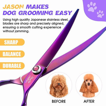 JASON 7.5" Dog Grooming Scisssors - Professional Curved Shears for Dogs, Japanese 440C Stainless Steel Dog Cutting Scissors with Diamond Adjustable Screw Christmas Gift