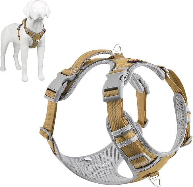 Plutus Pet No Pull Dog Harness, Release at Neck, Reflective Adjustable Dog Vest Harness, Easy Control Handle for Walking, for Small Medium Large Dogs, Khaki, L