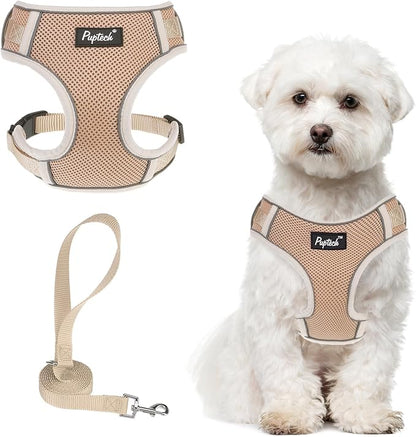 PUPTECK Small Dog Harness and Leash Set, No Pull Adjustable Puppy Cat Harness, Reflective Soft Mesh Pet Vest Small Sized, Khaki, M