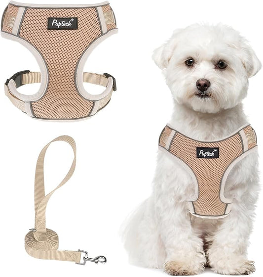 PUPTECK Small Dog Harness and Leash Set, No Pull Adjustable Puppy Cat Harness, Reflective Soft Mesh Pet Vest Small Sized, Khaki, M