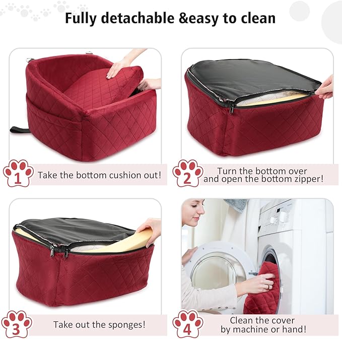 NEEZUKAR Dog Car Seat for Small Medium Dogs,Detachable Washable Dog Booster Seat Under 30lbs, Pet Car Seats Travel Bed with Storage Pockets and Safety Belt(Red)