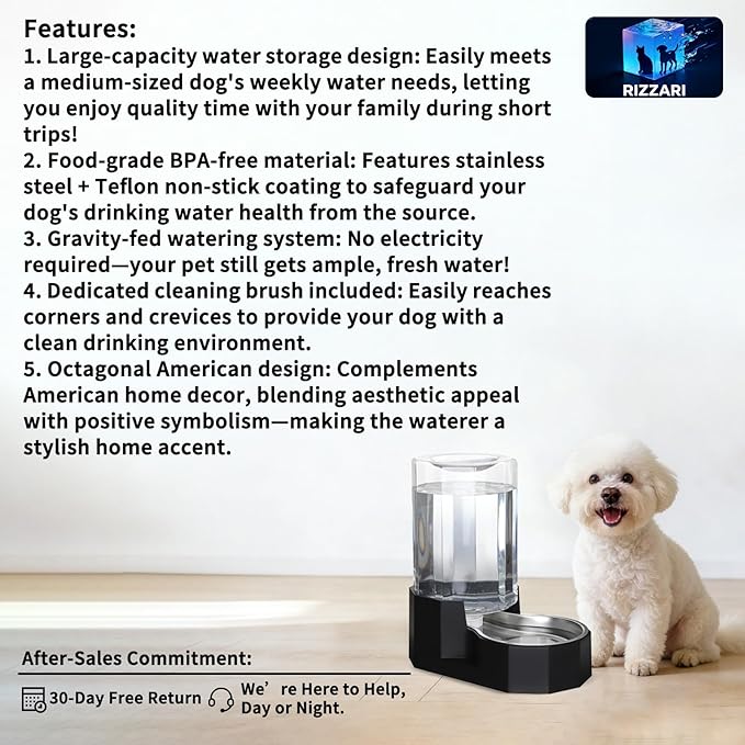 Sfozstra Dog Water Bowl Dispenser: 7L Large Black Gravity Stainless Steel Bowl - with Specialized Brush - Pet Feeder for Pets with Spinal Problems - Use in Garage Garden