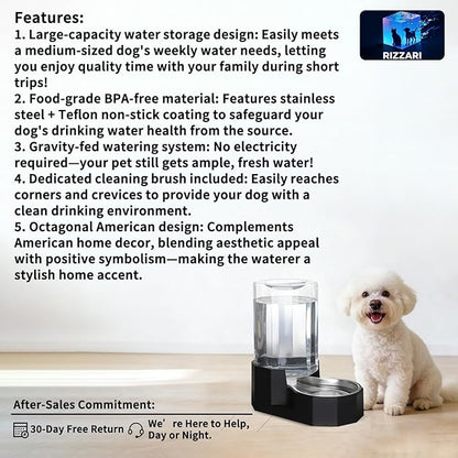 Sfozstra Dog Water Bowl Dispenser: 7L Large Black Gravity Stainless Steel Bowl - with Specialized Brush - Pet Feeder for Pets with Spinal Problems - Use in Garage Garden