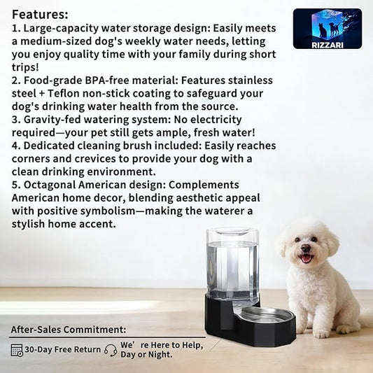 Sfozstra Dog Water Bowl Dispenser: 7L Large Black Gravity Stainless Steel Bowl - with Specialized Brush - Pet Feeder for Pets with Spinal Problems - Use in Garage Garden